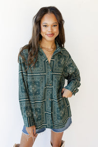 mode, paisley print button down