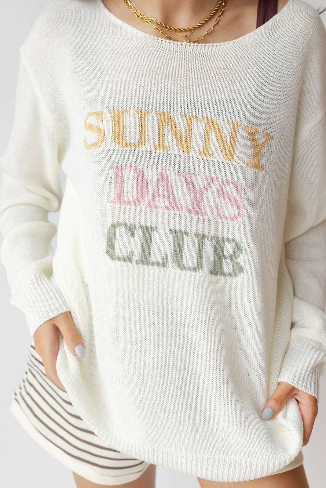 mode, sunny days club sweater
