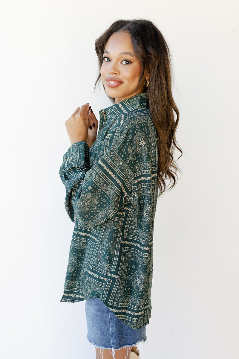 mode, paisley print button down