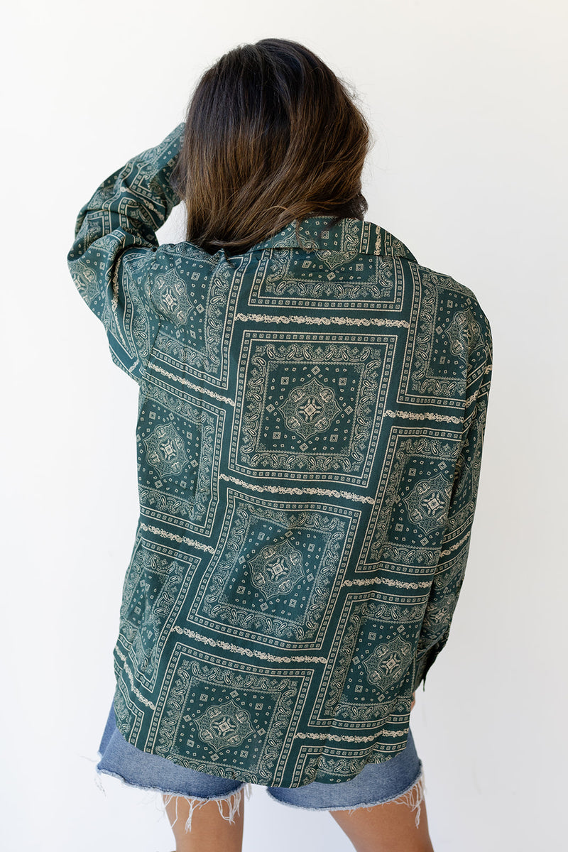 mode, paisley print button down