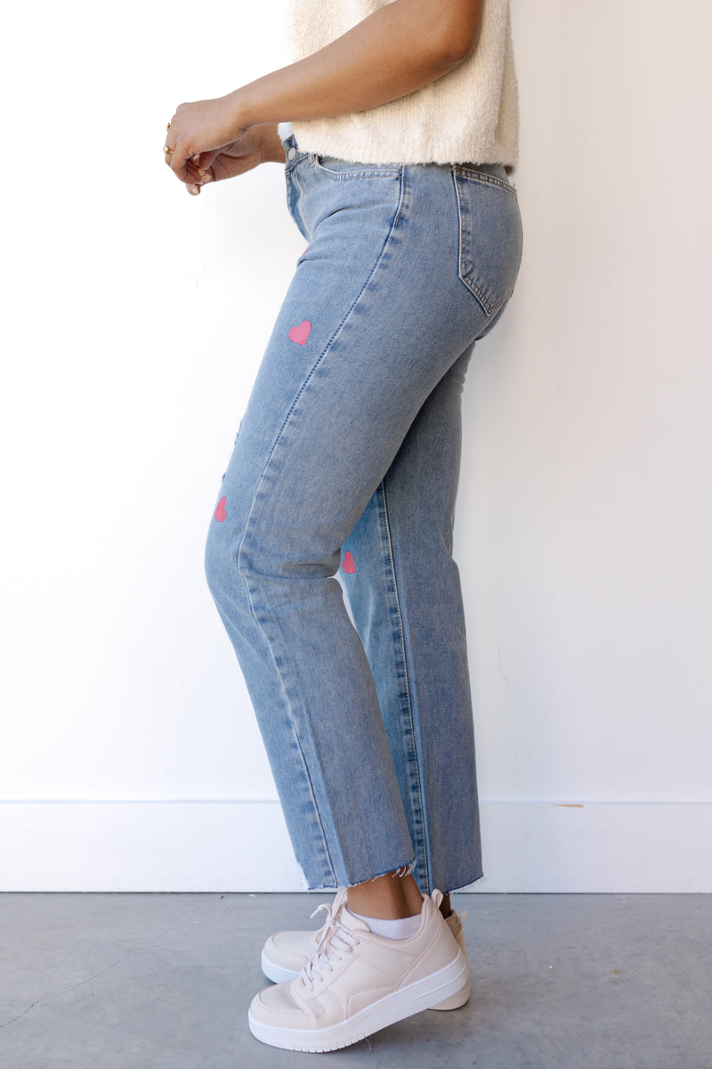 mode, heart print jeans
