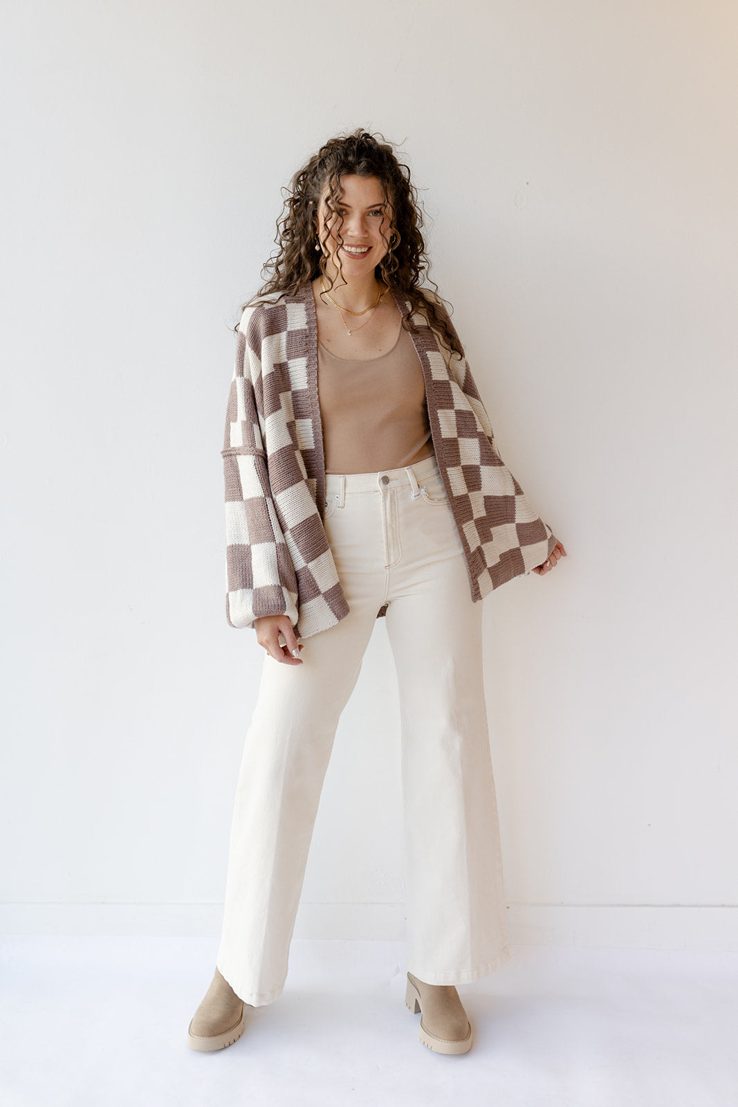 mode, checkmate cardigan