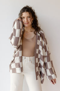 mode, checkmate cardigan