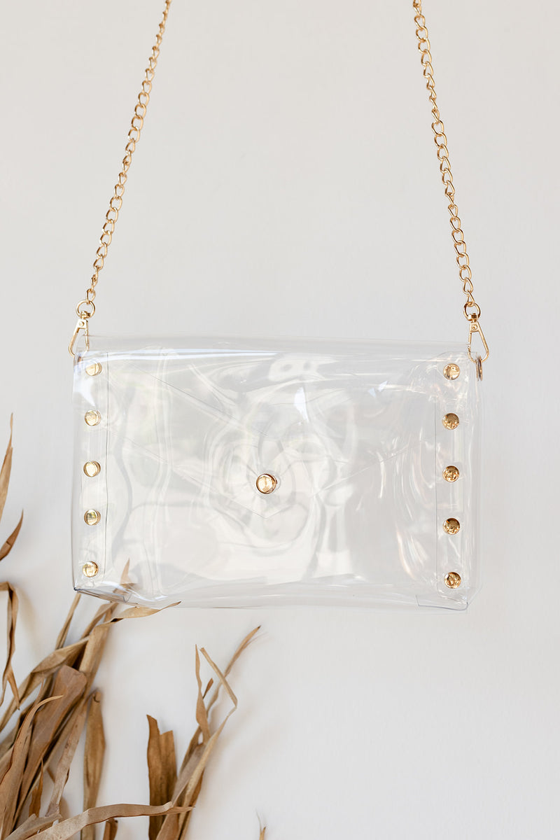 mode, studded clear envelope bag