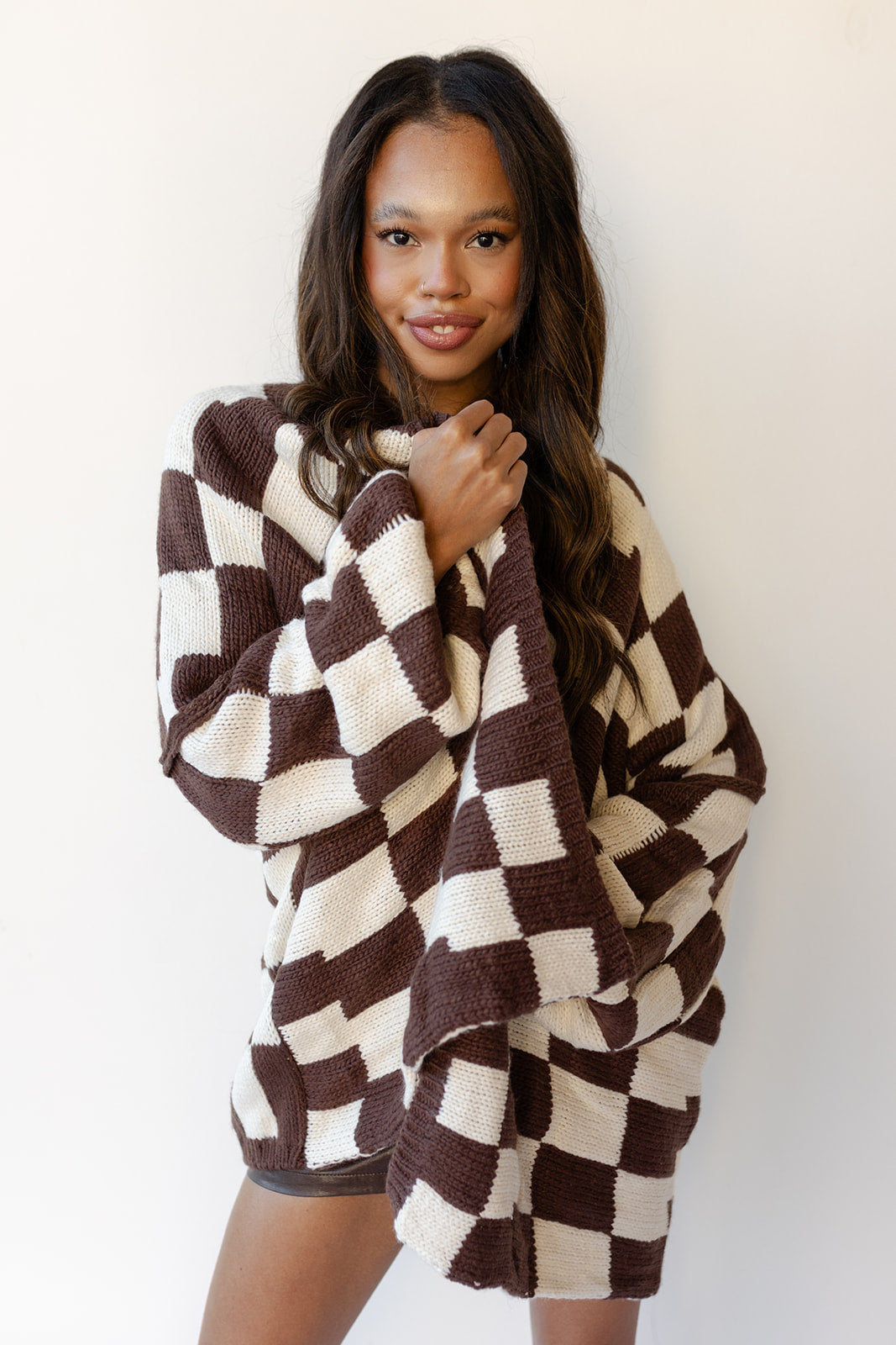 mode, checkmate cardigan