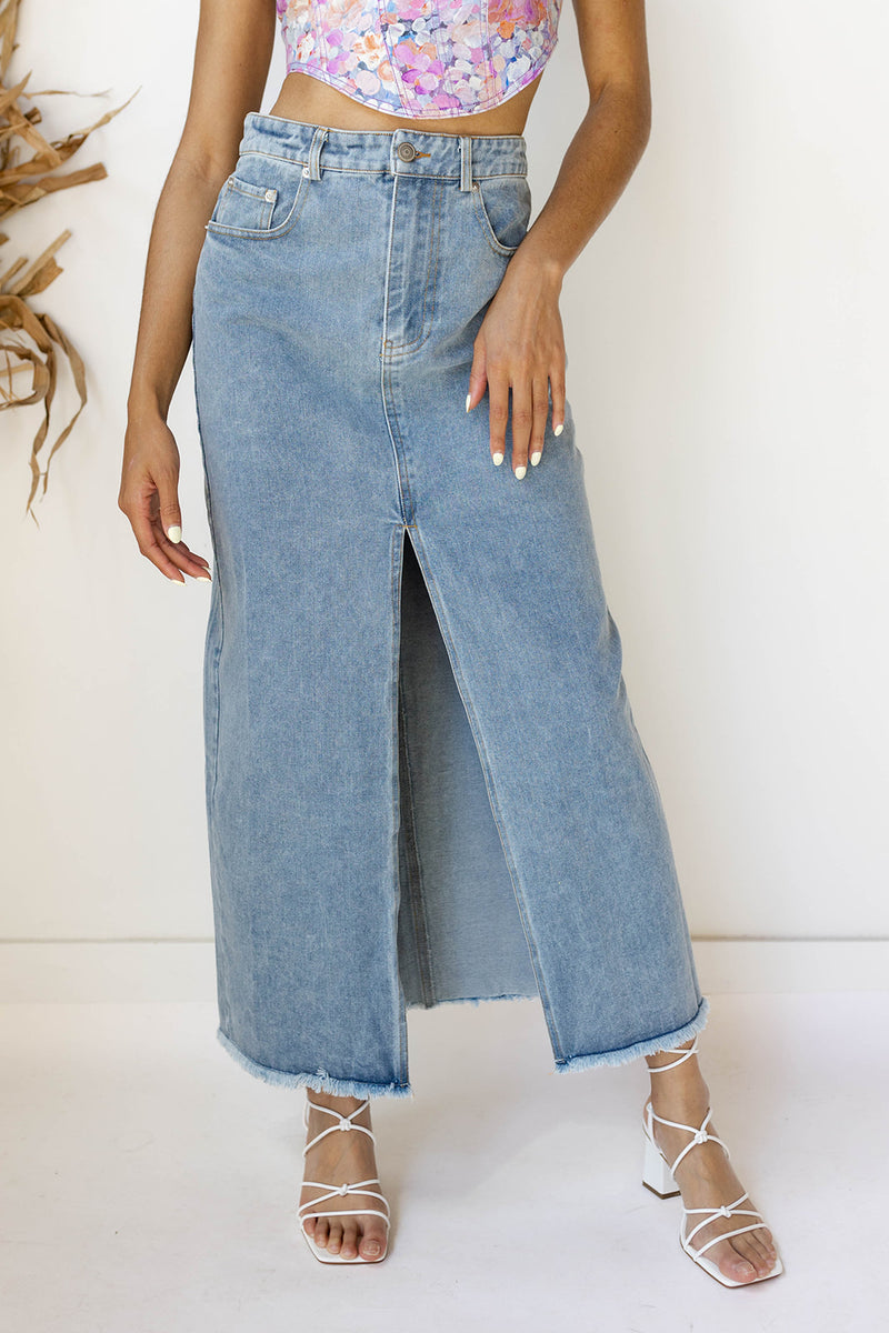 mode, mendoza denim skirt