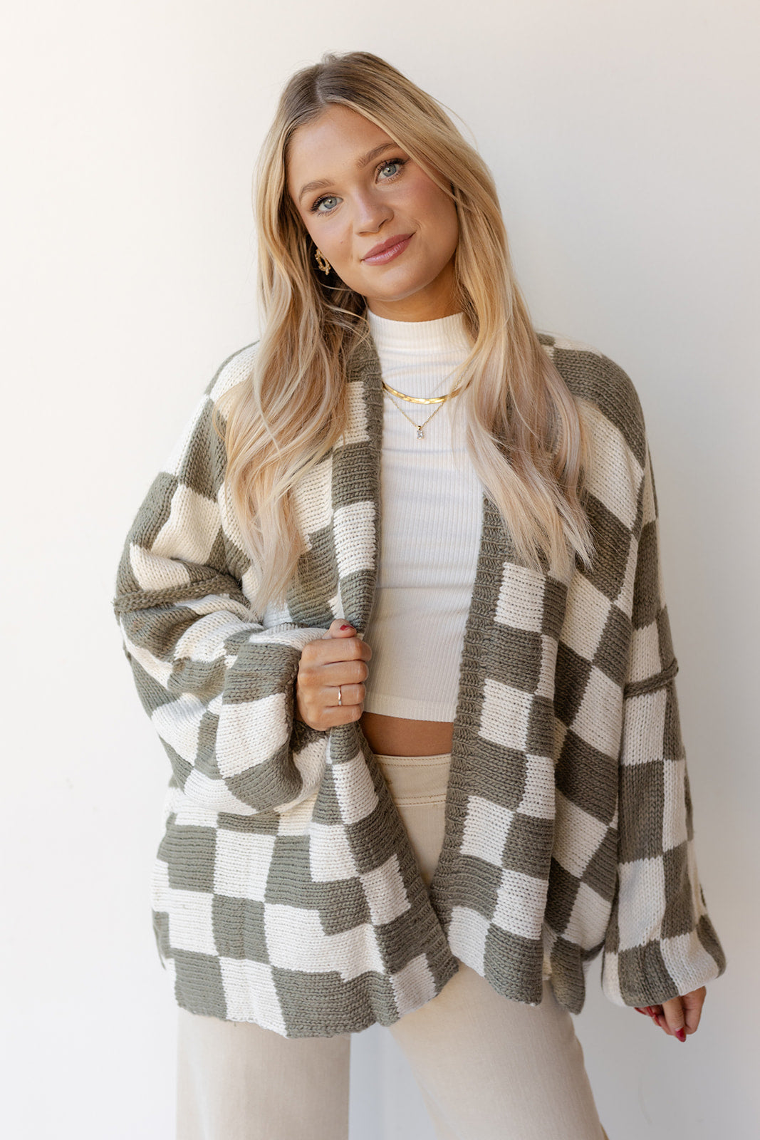 mode, checkmate cardigan