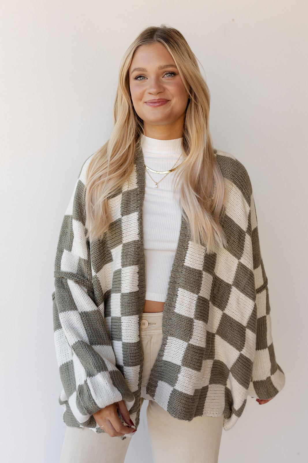 mode, checkmate cardigan