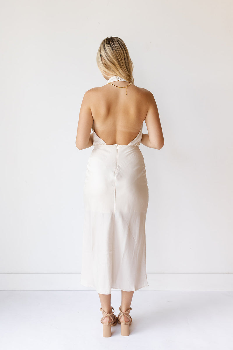 mode, holly halter cowl neck midi dress