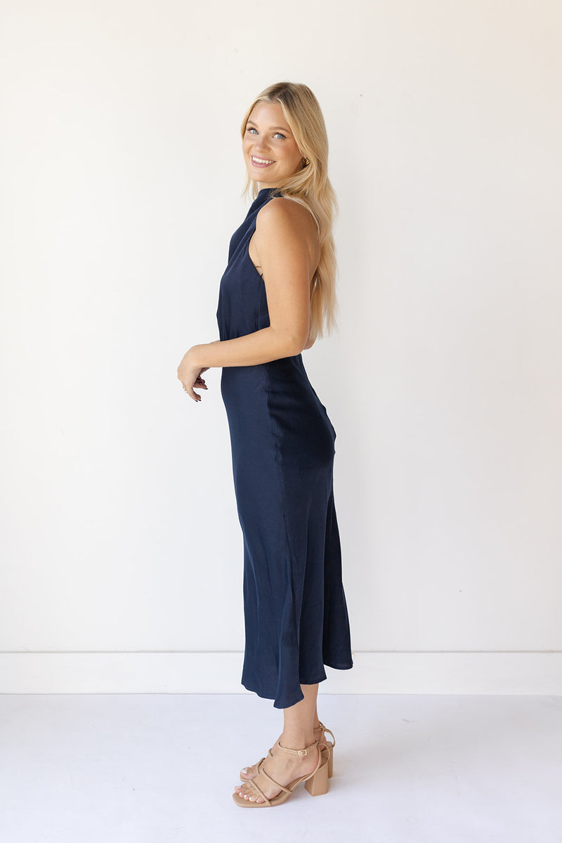 mode, holly halter cowl neck midi dress
