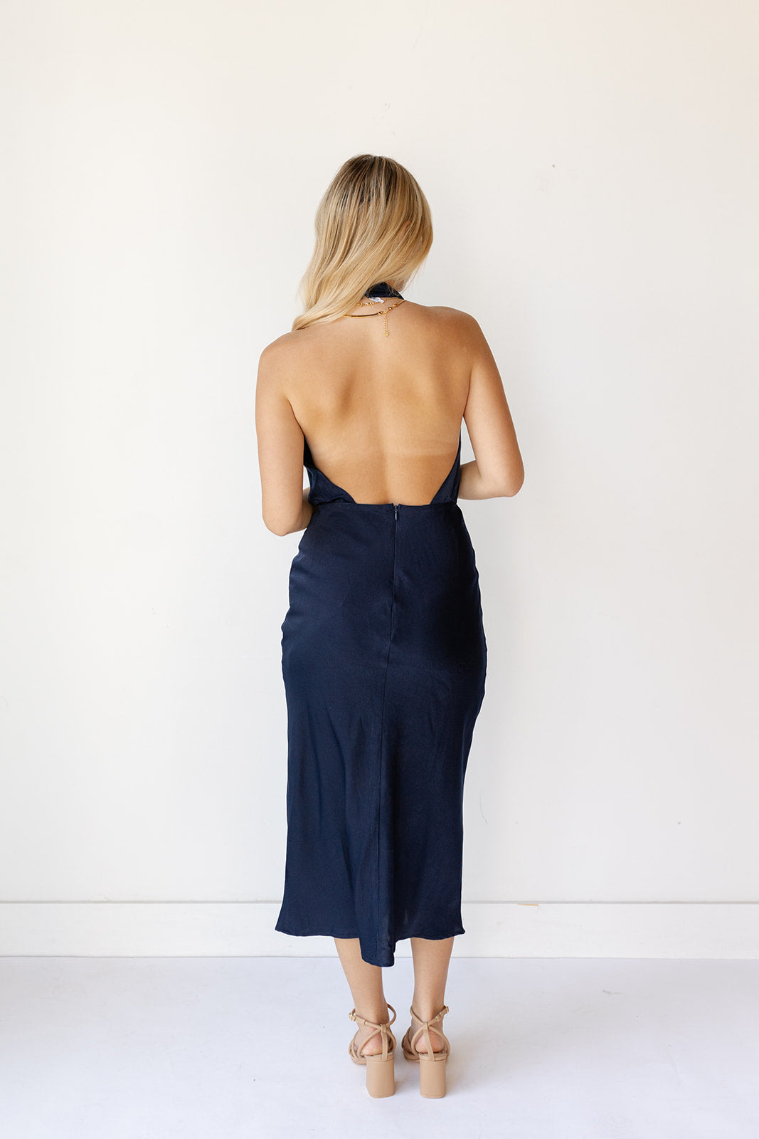 mode, holly halter cowl neck midi dress