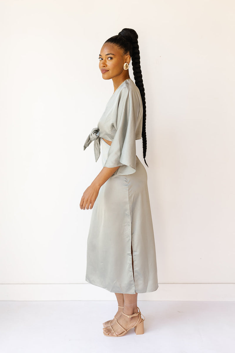 mode, serenade me satin midi dress