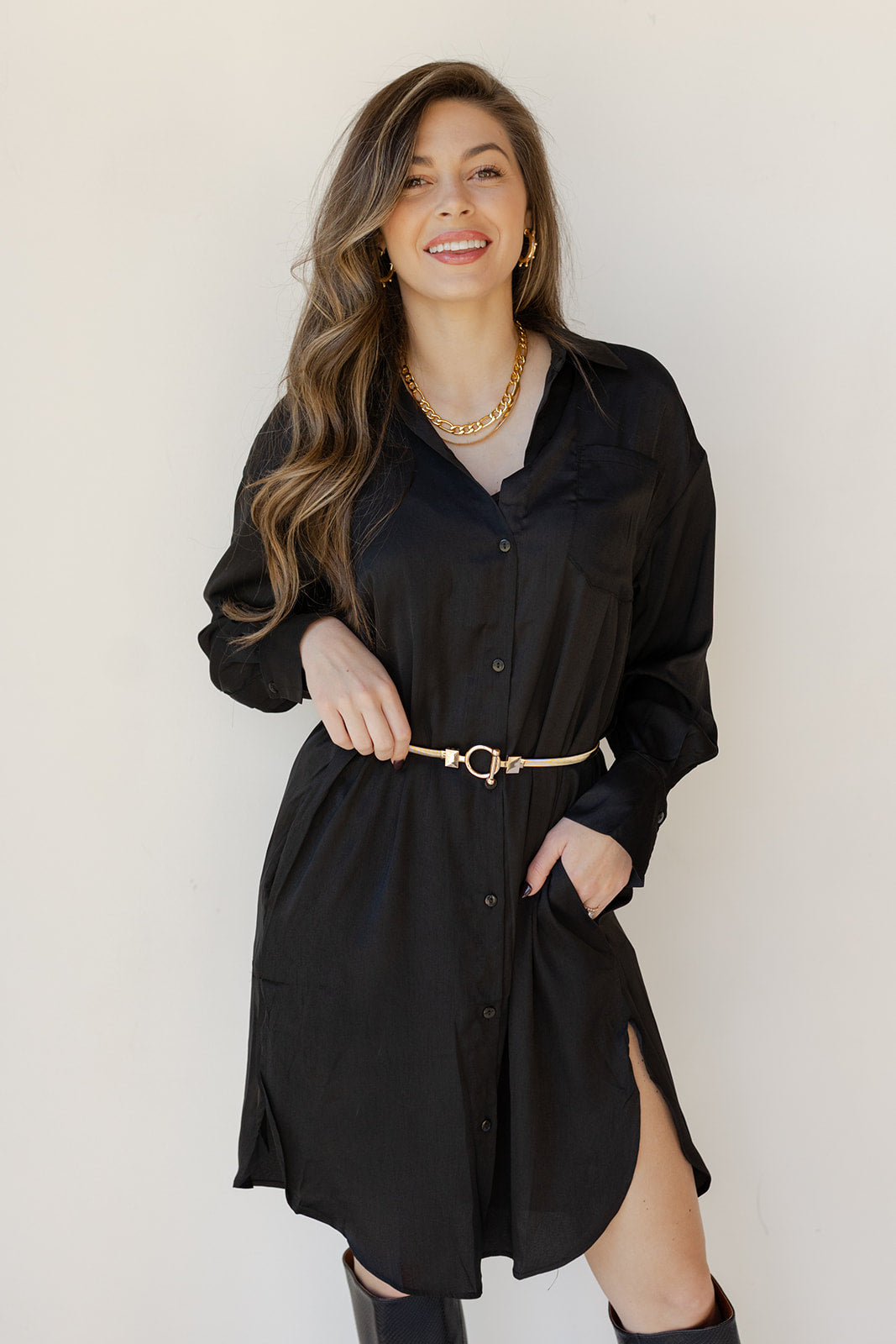 mode, sandi satin button down dress