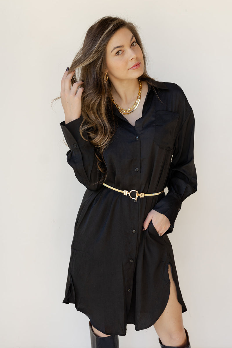 mode, sandi satin button down dress