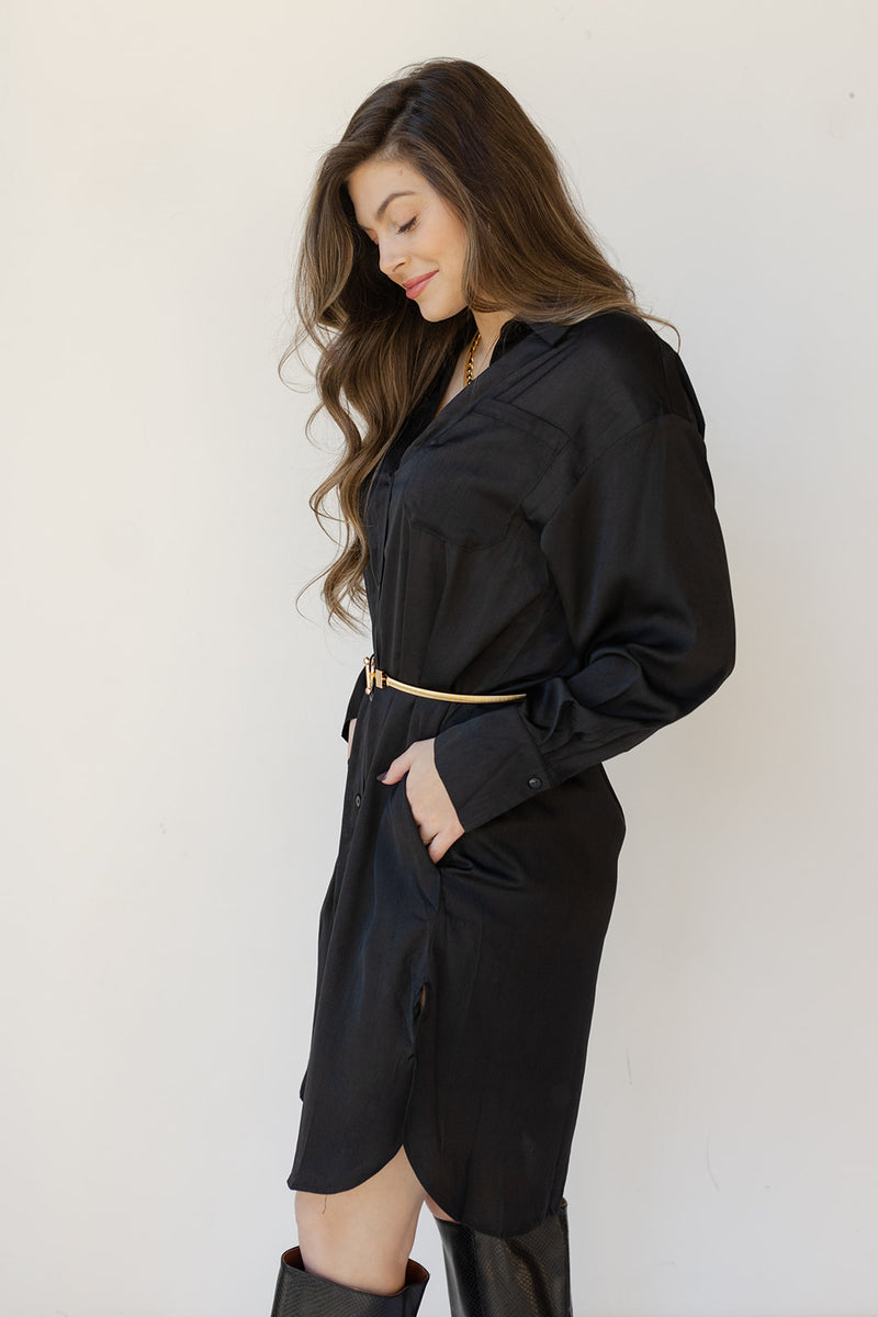 mode, sandi satin button down dress