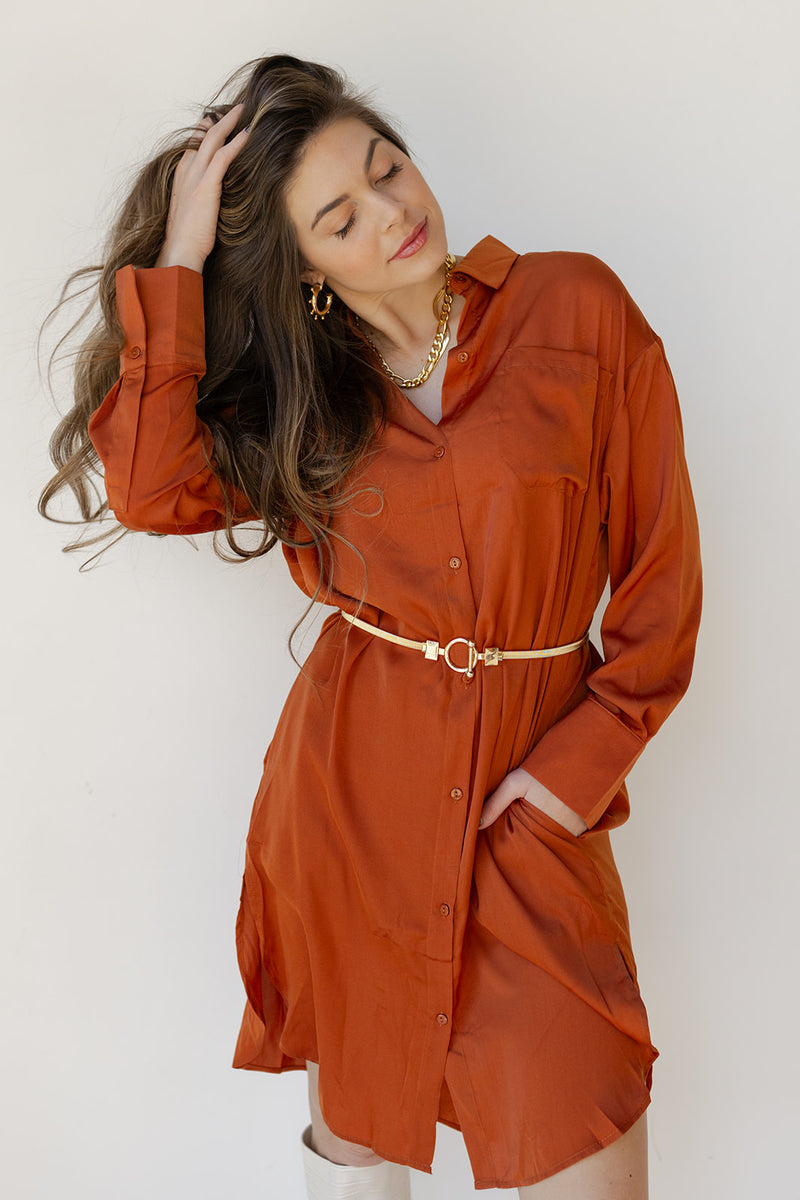 mode, sandi satin button down dress