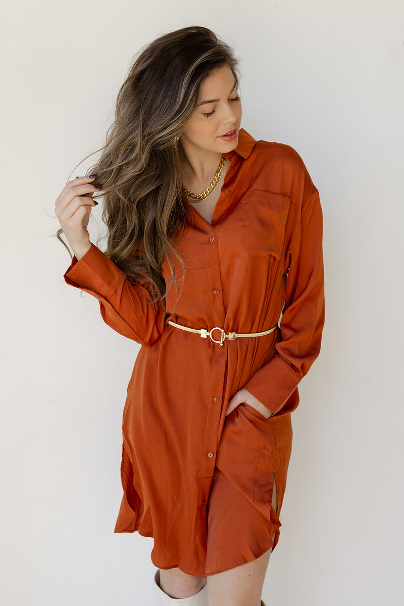 mode, sandi satin button down dress