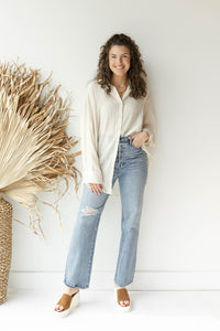 mode, see through button down shirt