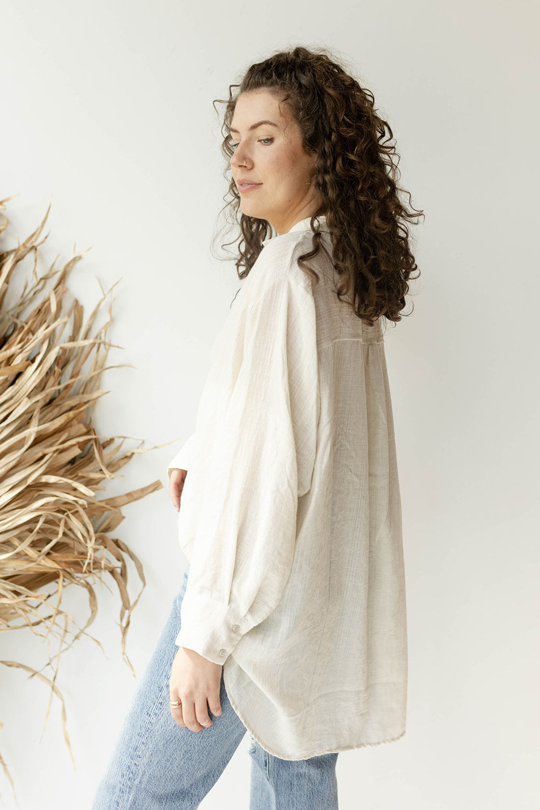 mode, see through button down shirt