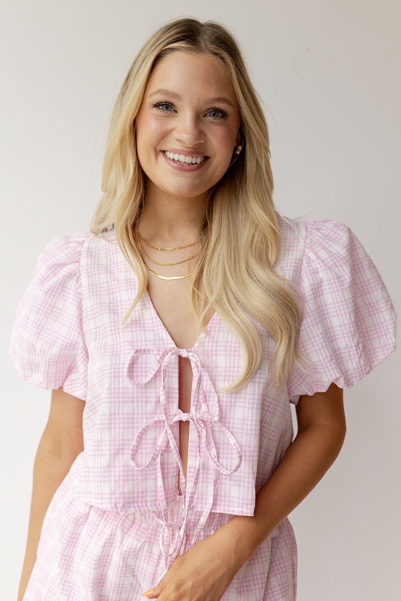 mode, kaylee plaid bubble top