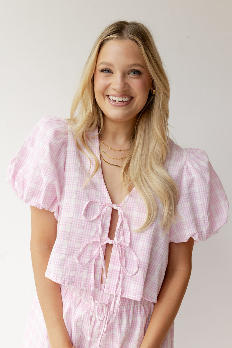 mode, kaylee plaid bubble top
