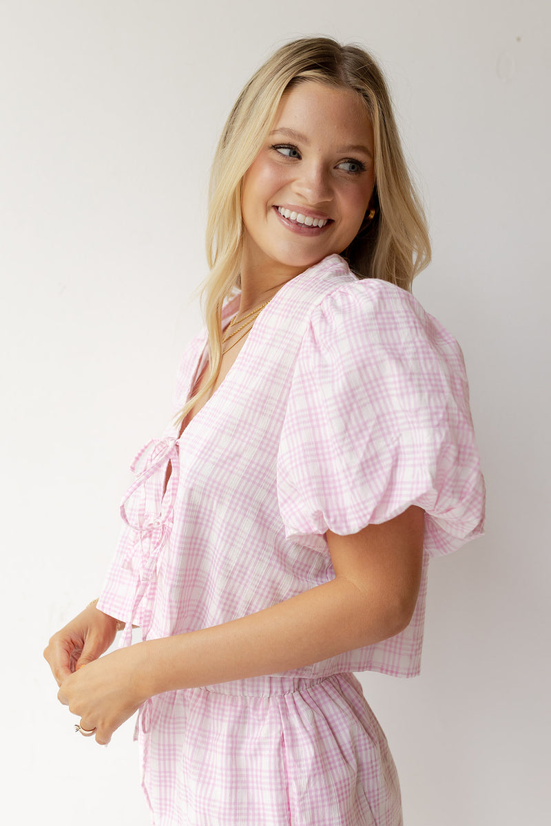 mode, kaylee plaid bubble top