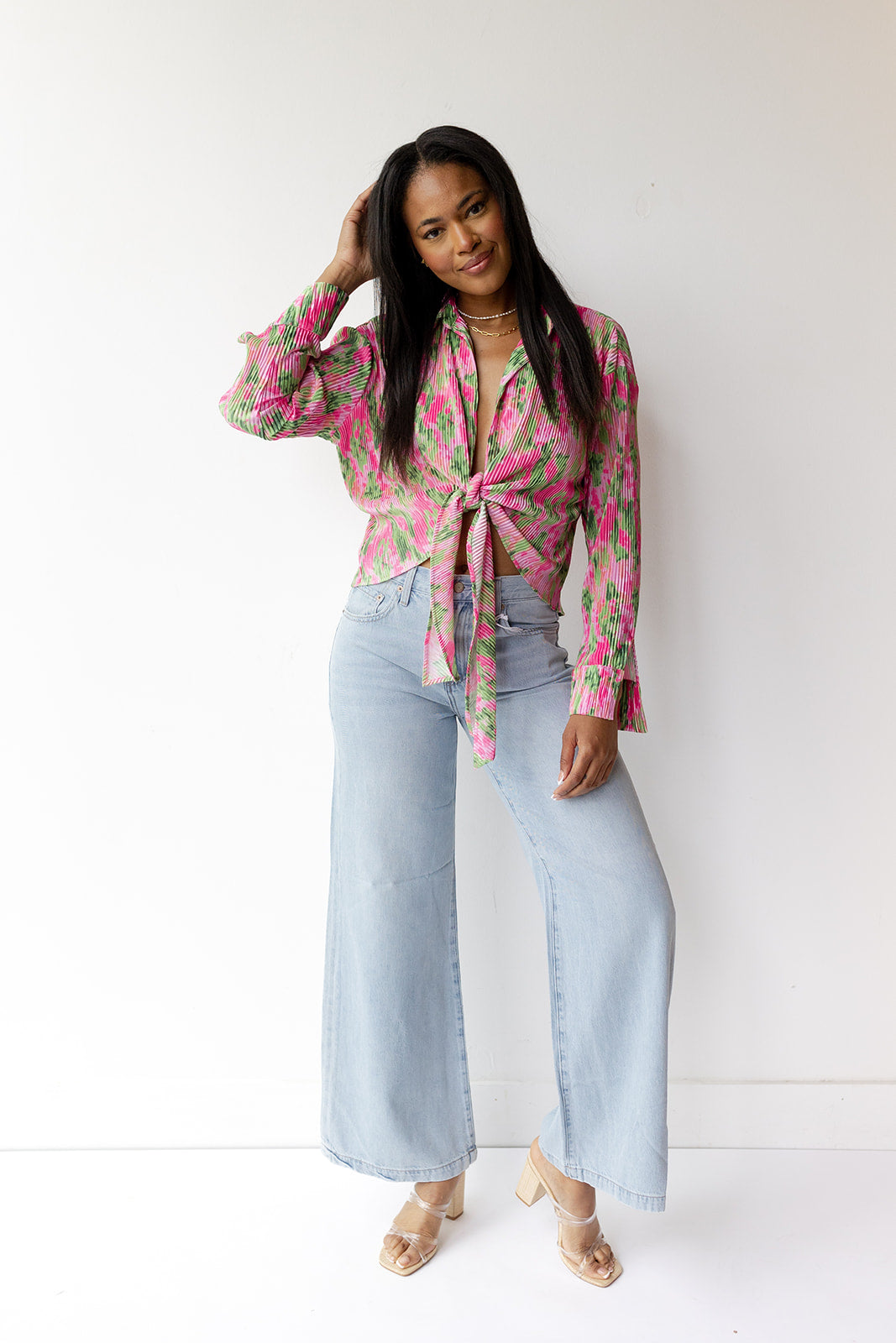 mode, plisse front tie top