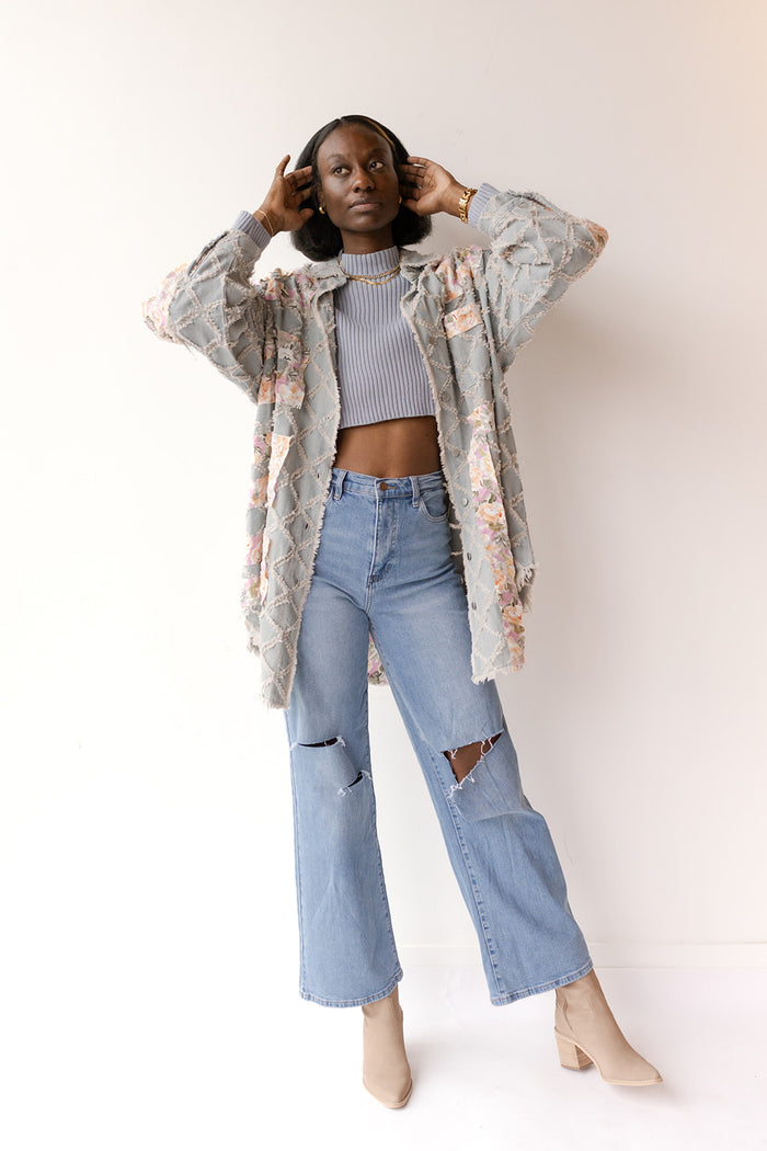 mode, kandice denim floral shacket