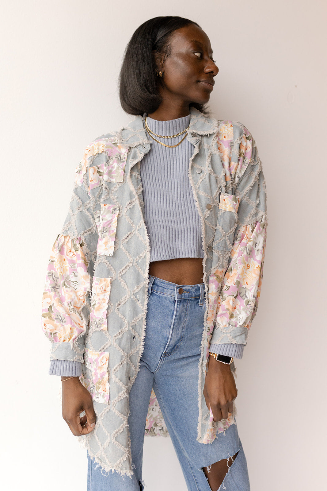 mode, kandice denim floral shacket
