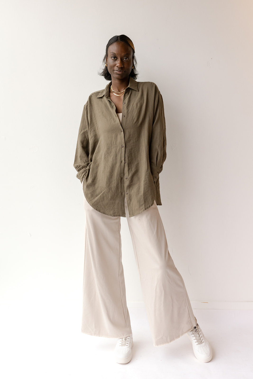 mode, see through button down shirt