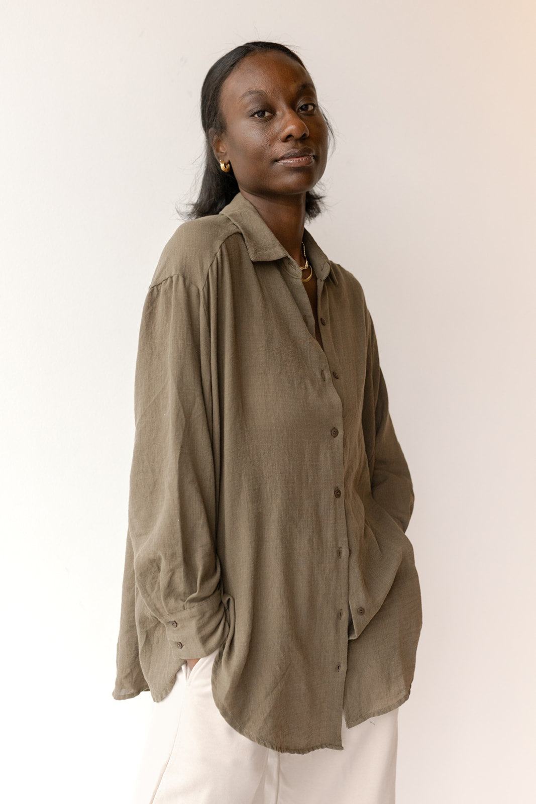 mode, see through button down shirt