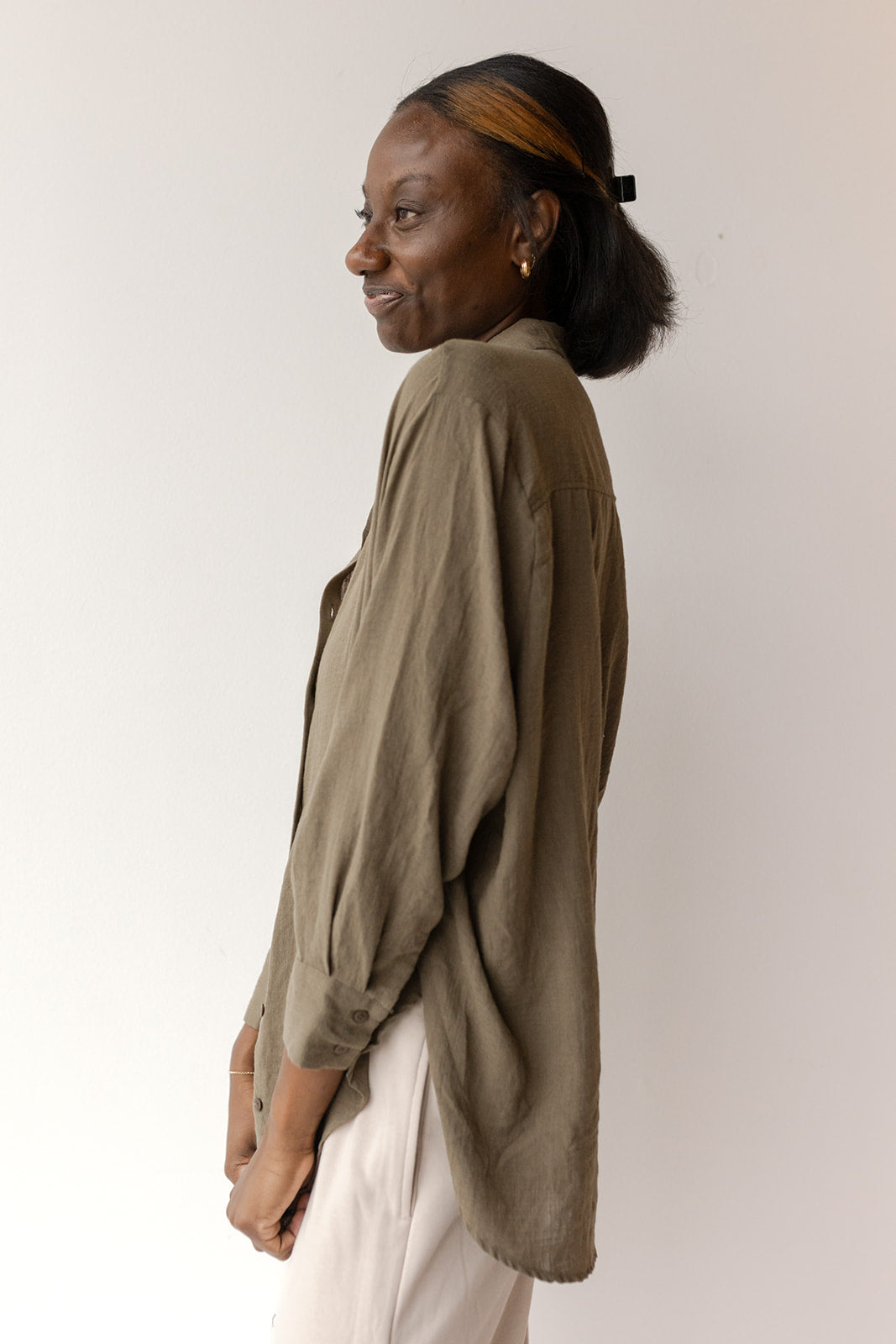 mode, see through button down shirt