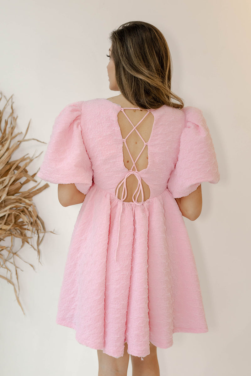 mode, bubble gum mini dress