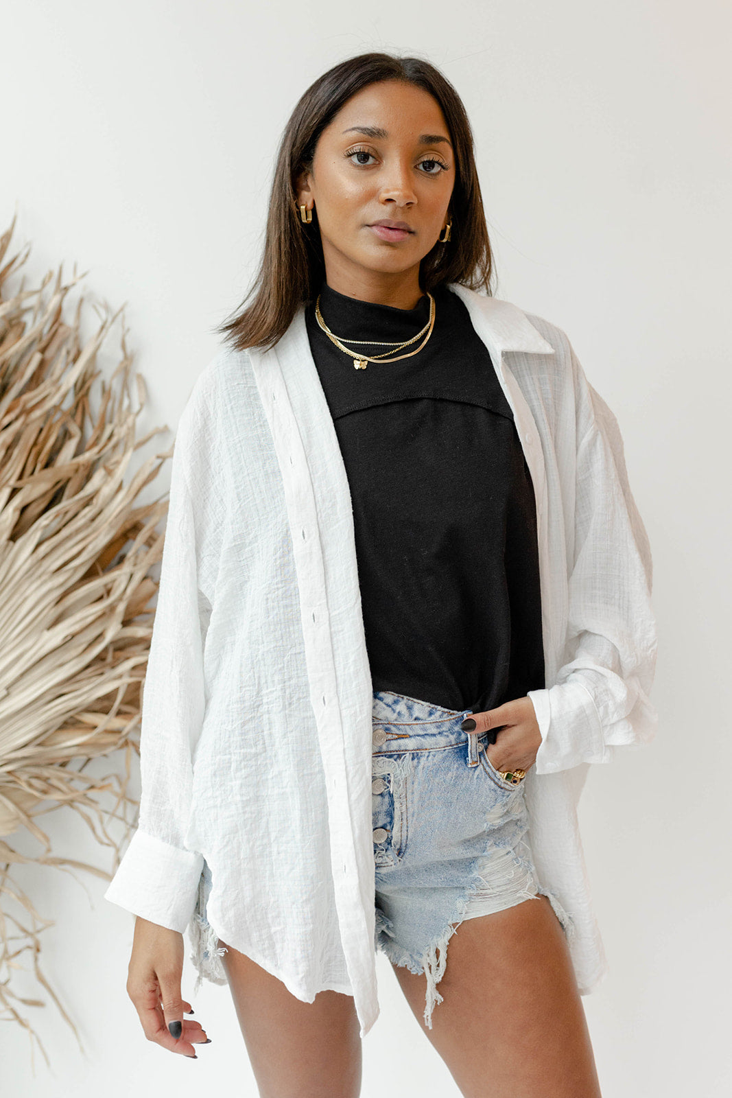 mode, see through button down shirt