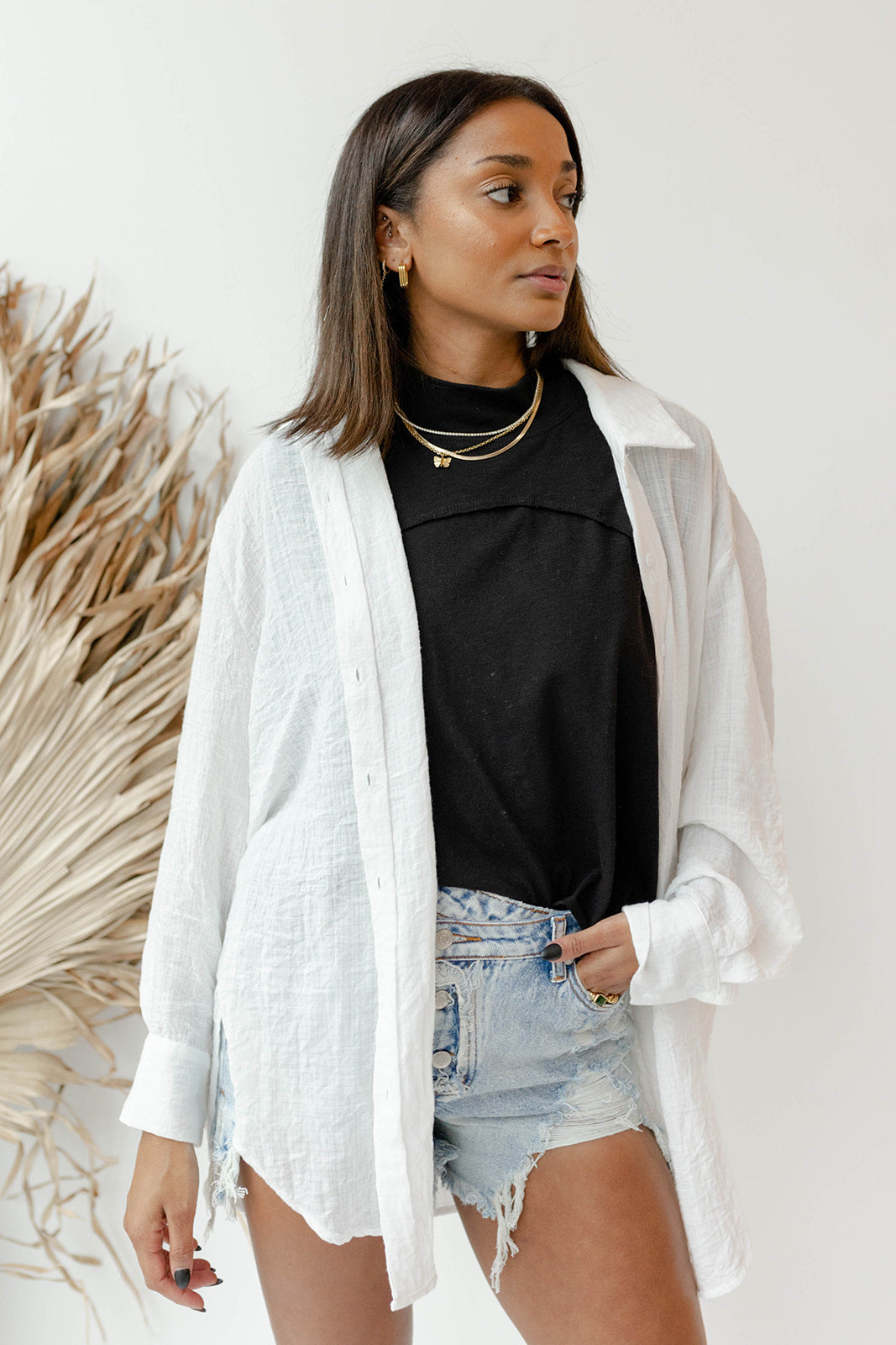 mode, see through button down shirt