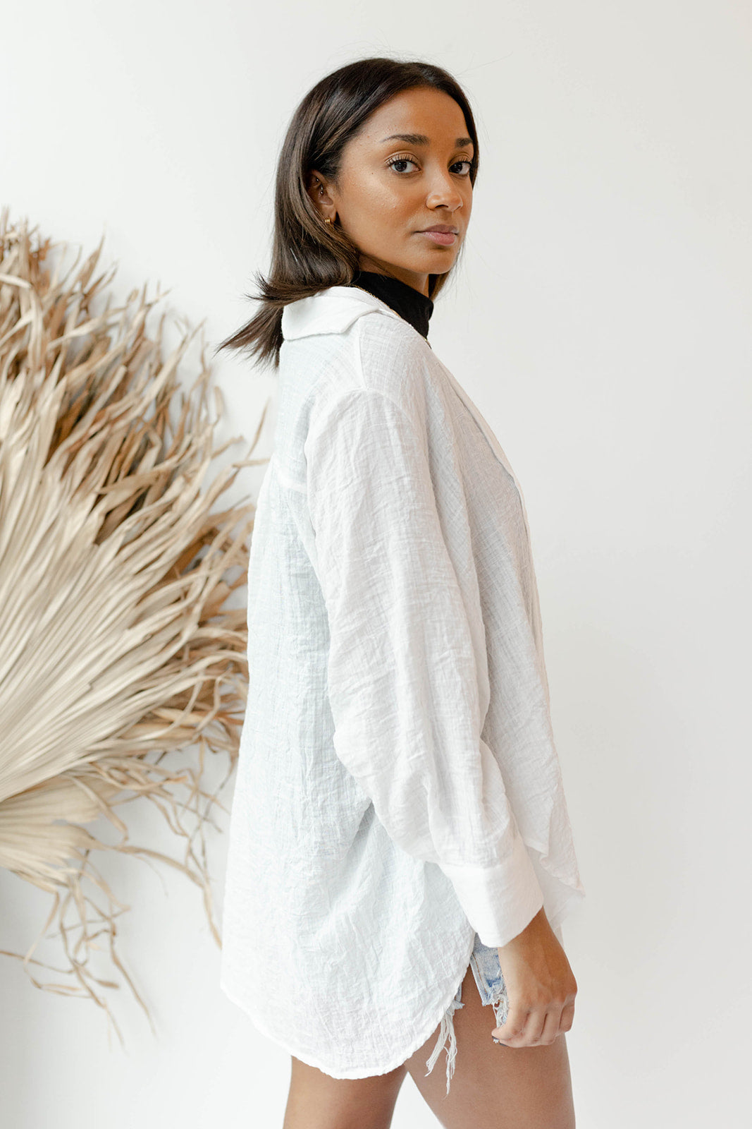 mode, see through button down shirt