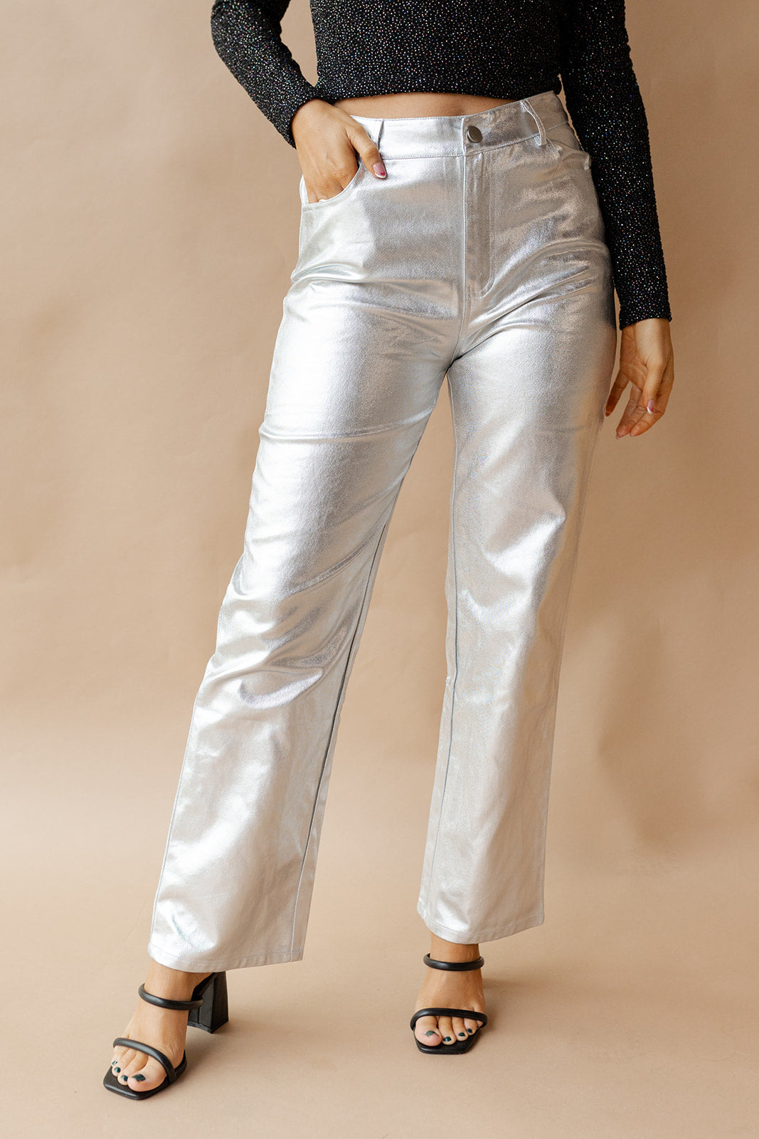 mode, metalic denim pants