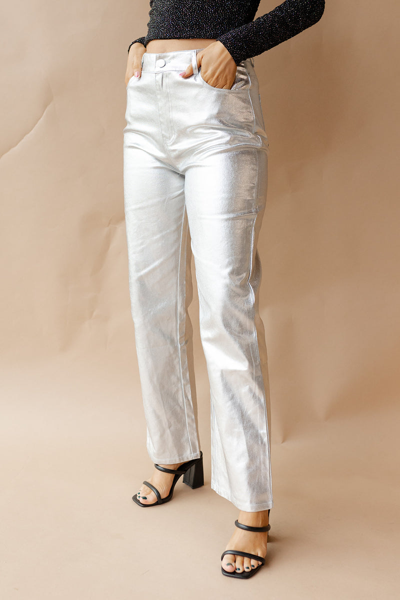 mode, metalic denim pants