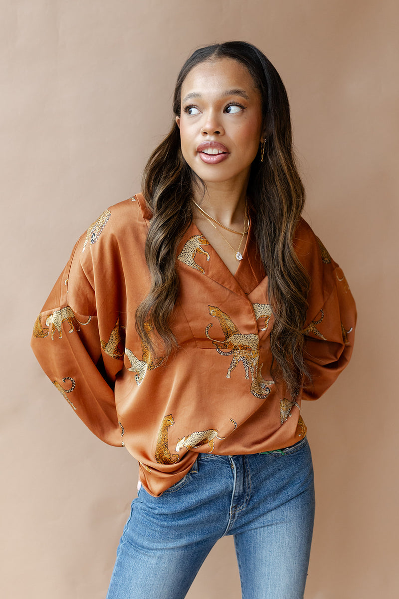 mode, sassy satin cheetah top