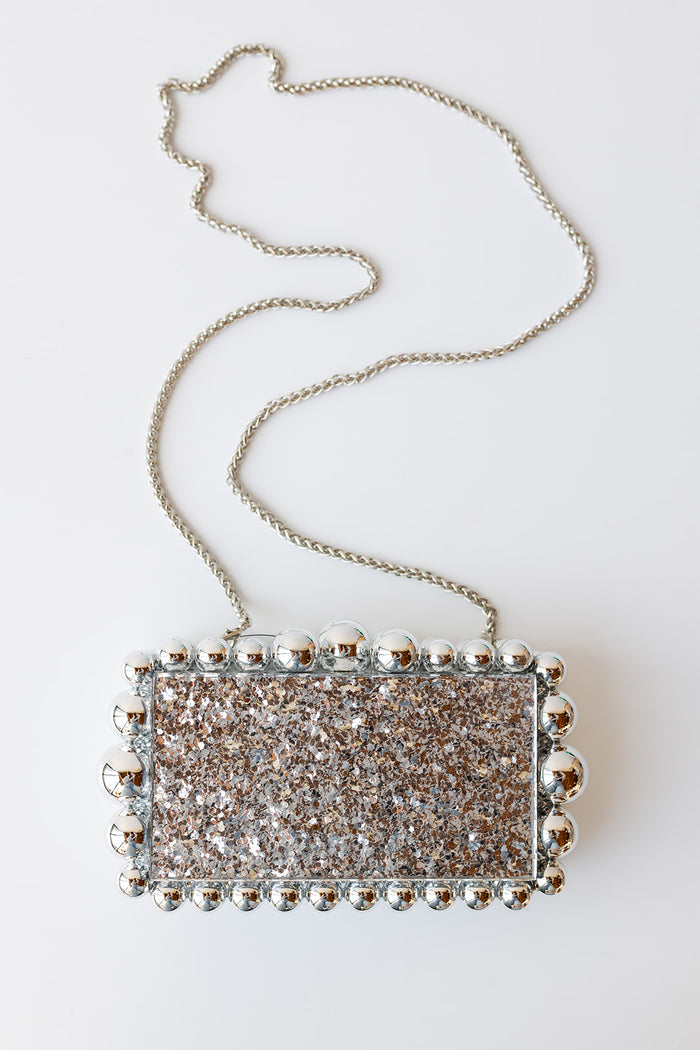 mode, laura glitter clutch, silver