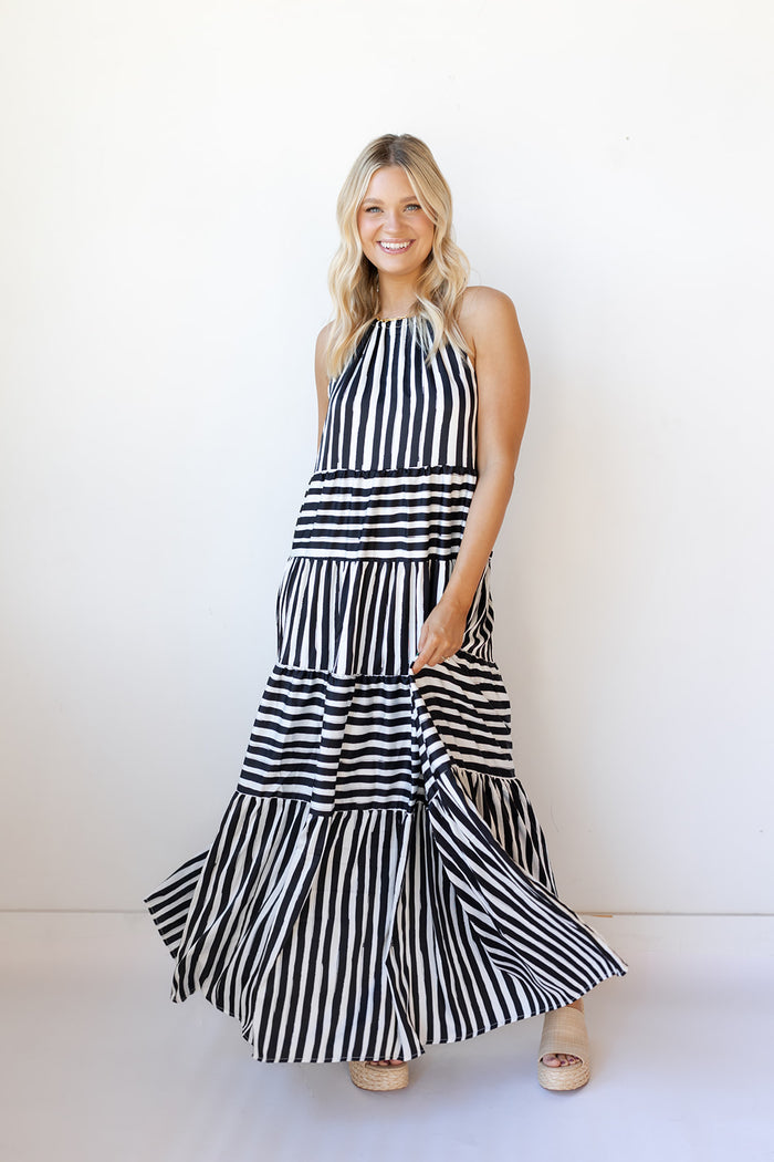 mode, paris stripe tiered maxi dress