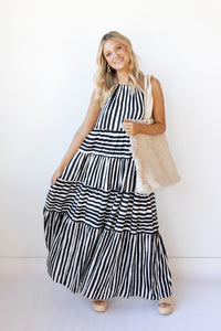 mode, paris stripe tiered maxi dress