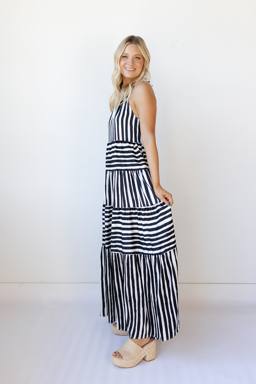 mode, paris stripe tiered maxi dress