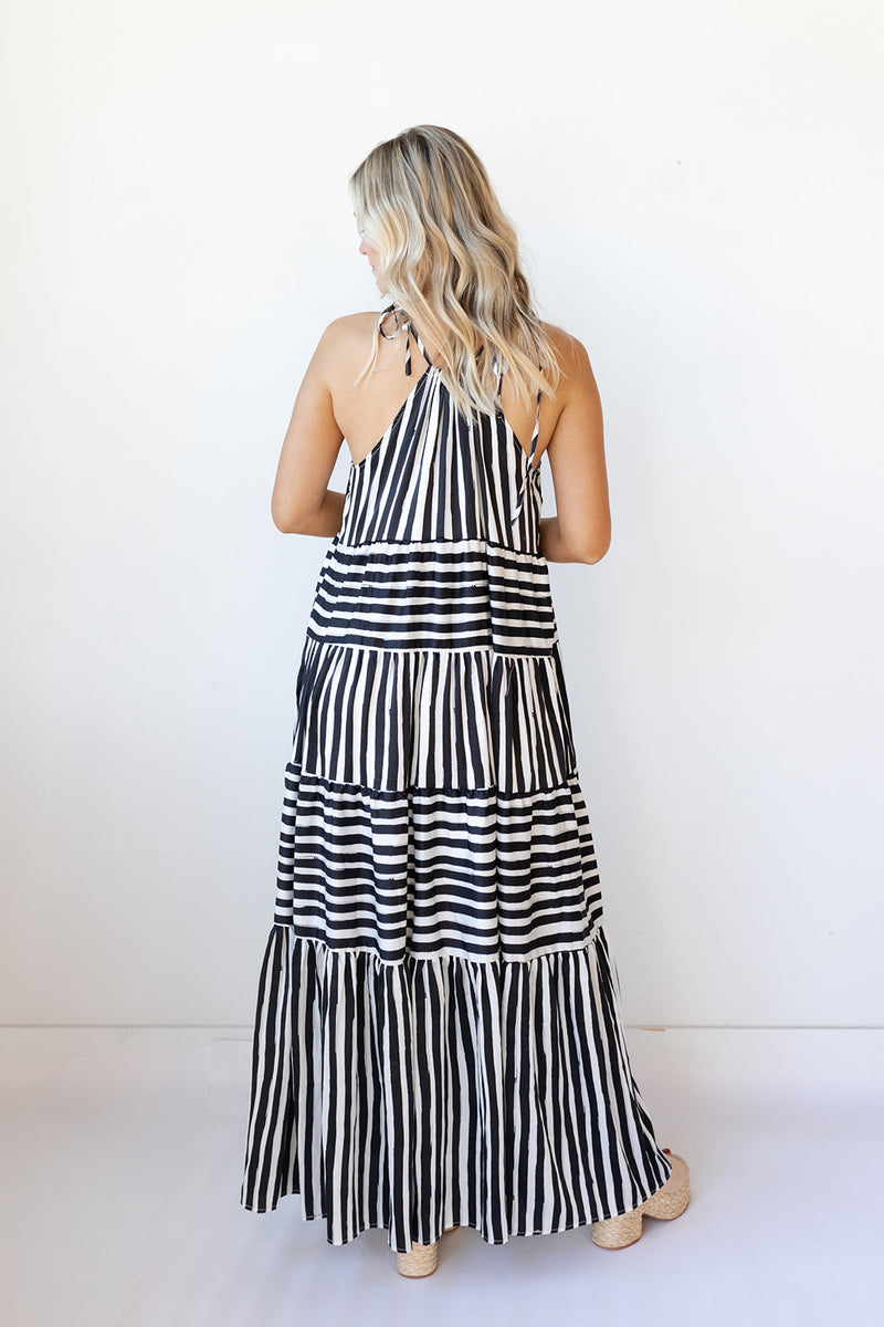 paris stripe tiered maxi dress
