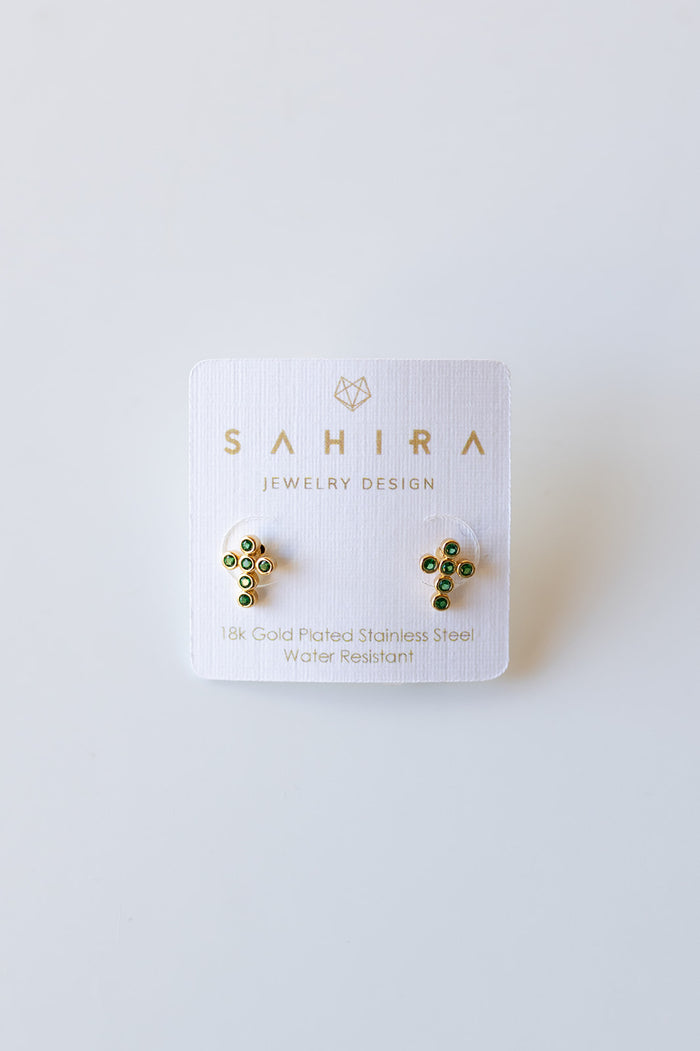 mode, mini cross earrings, emerald