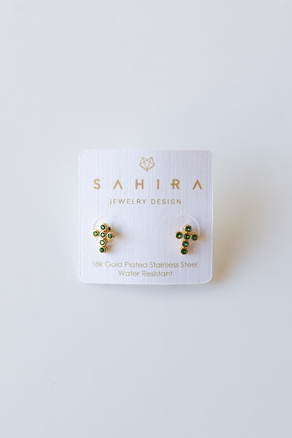 mode, mini cross earrings, emerald