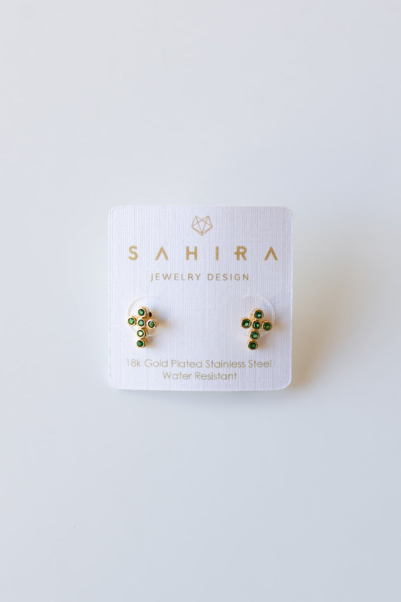 mode, mini cross earrings, emerald