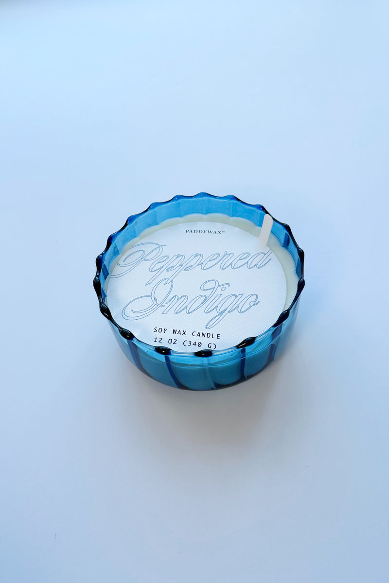 mode, 12 oz ribbed glass candle, peppered indigo