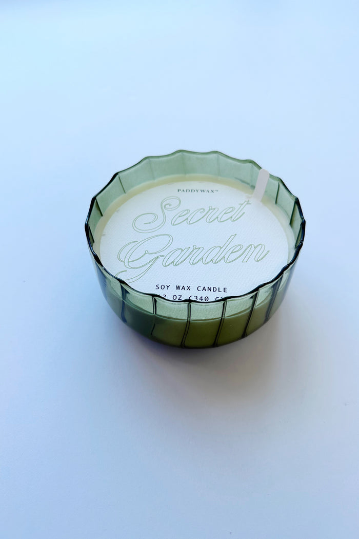 mode, 12oz ribbed glass candle, secret garden