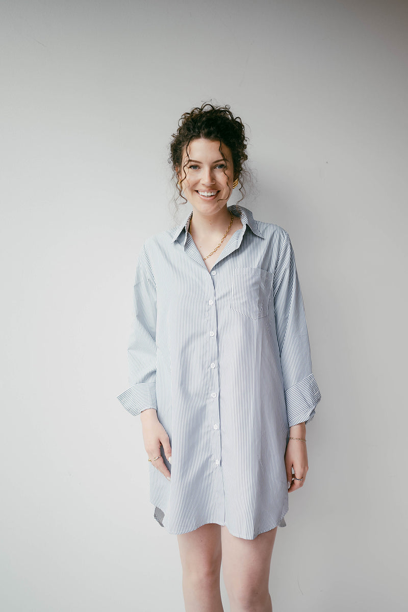 mode, collared button down dress